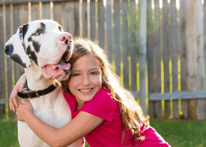 girl hugging a great dane