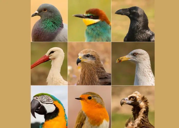 9 types of birds on brown background