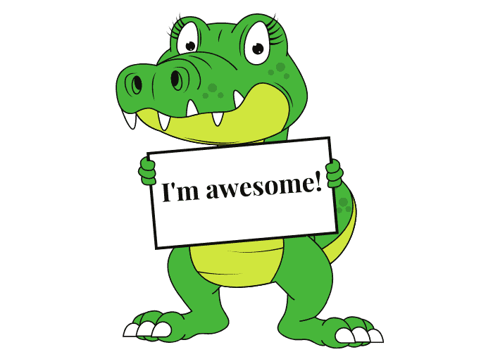 a crocodile cartoon with an "I'm awesome" sign