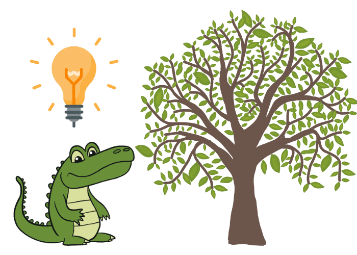 a smart crocodile cartoon looking at a tree 
