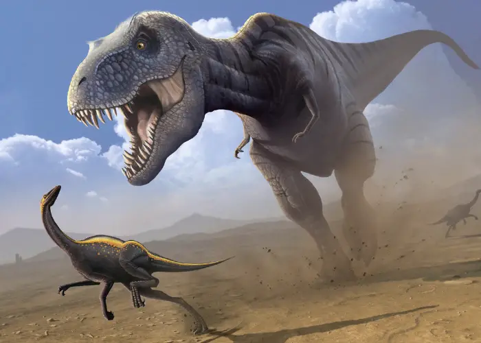 t-rex chasing a small dinosaur in the desert