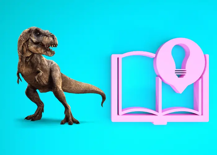 a t rex and book with bulb on a light green background