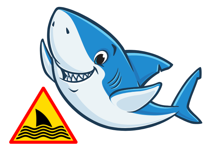  shark warning sign and a smiling shark cartoon image