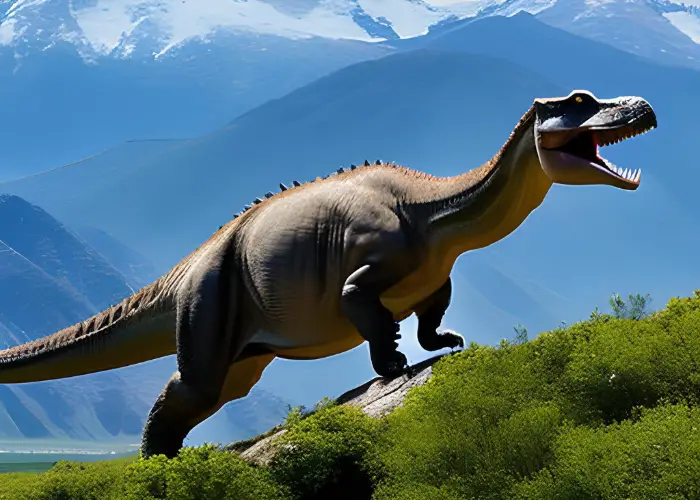 a roaring carnivorous dinosaur on the mountain
