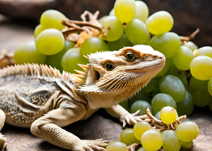 bearded dragon sorrounded by green grapes
