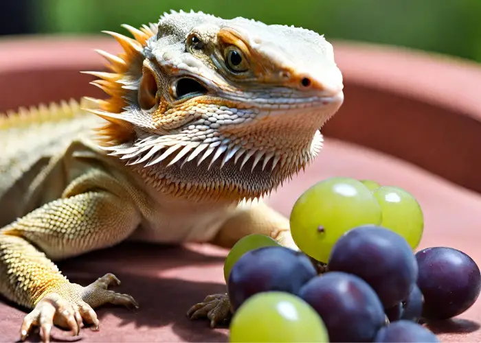 bearded dragon with green and black grapes