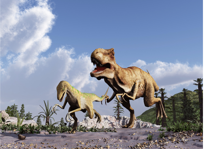 t-rex chasing a velociraptor illustration