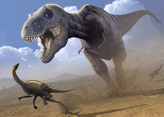 t rex chasing ornithomimus dinosaur