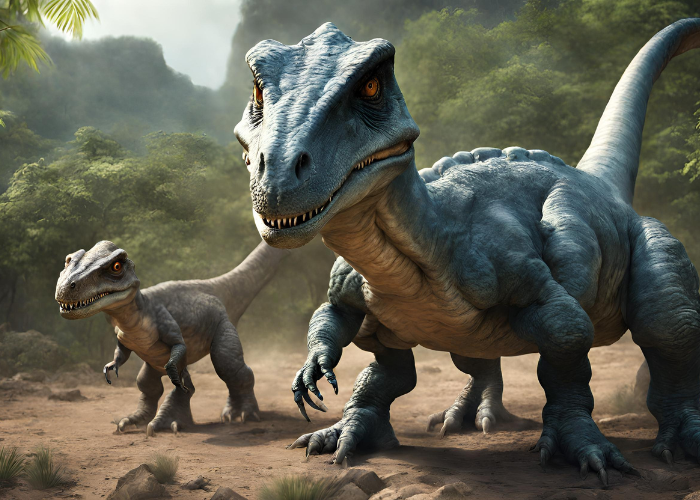 a mother and an offspring dinosaur