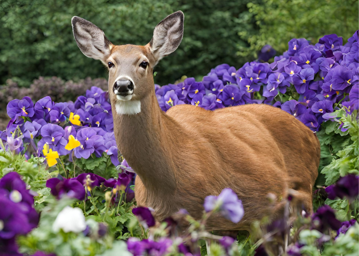 a deer in a garden full of pansies