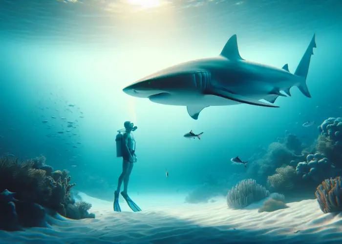 a moment of peaceful coexistence between a diver and a shark, set in a serene underwater environment