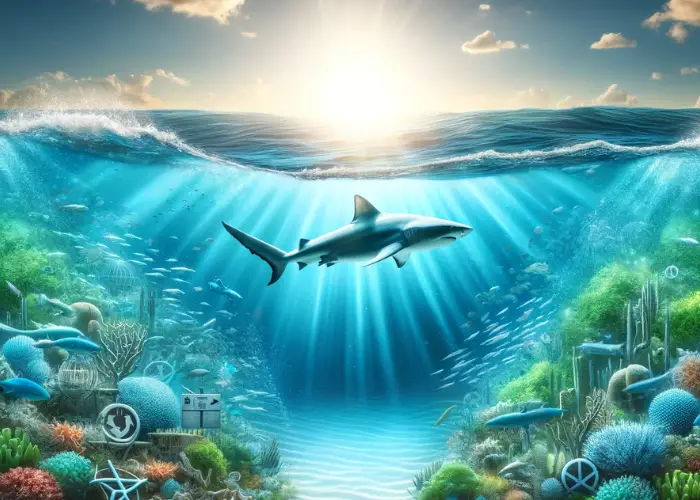 depicting a shark swimming towards a brighter future in a recovering and vibrant ocean
