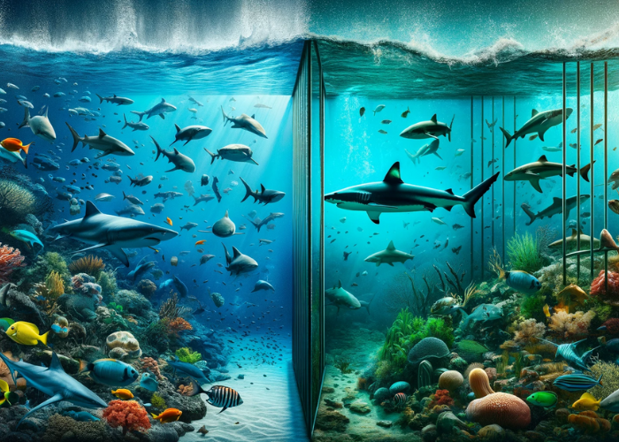 image designed to contrast the natural ocean environment with the confined space of an aquarium 