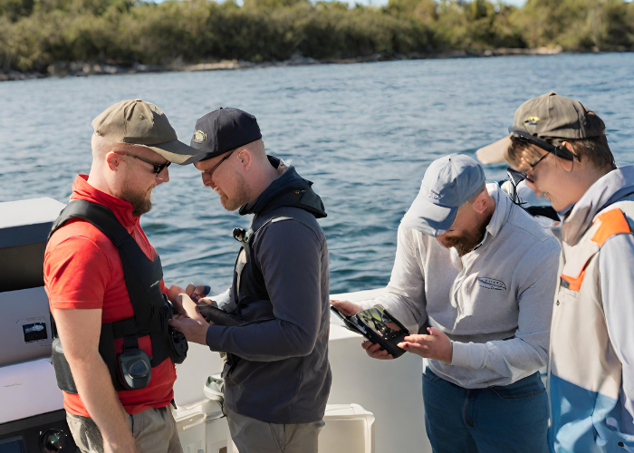 marine enthusiasts looking on a fish finder