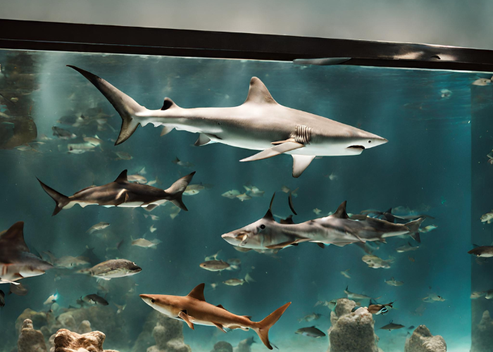 shark with other fish in an aquarium