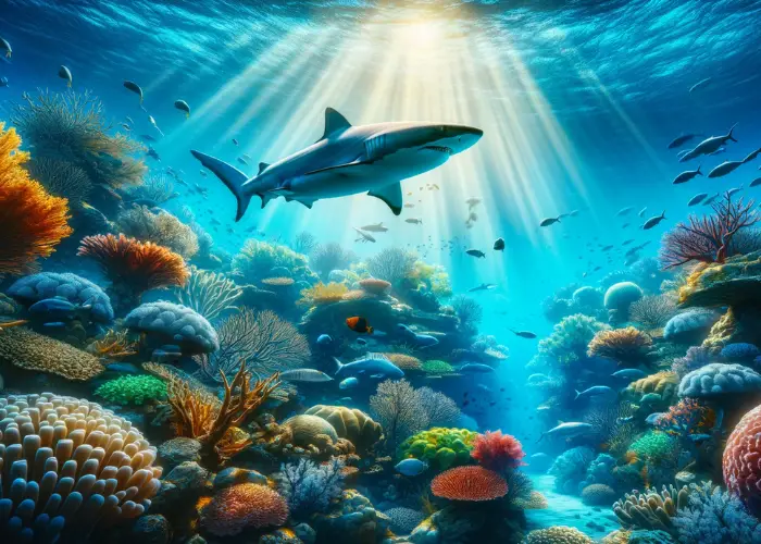 the shark in its vibrant underwater world, surrounded by a lively coral reef