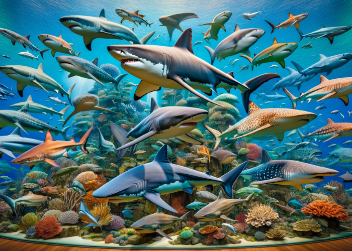 vibrant underwater tableau showcasing various shark species