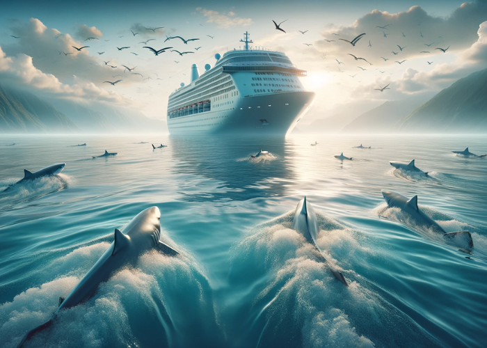  sharks near a cruise ship in the ocean, illustrating the dynamic interaction between marine life and human maritime activities