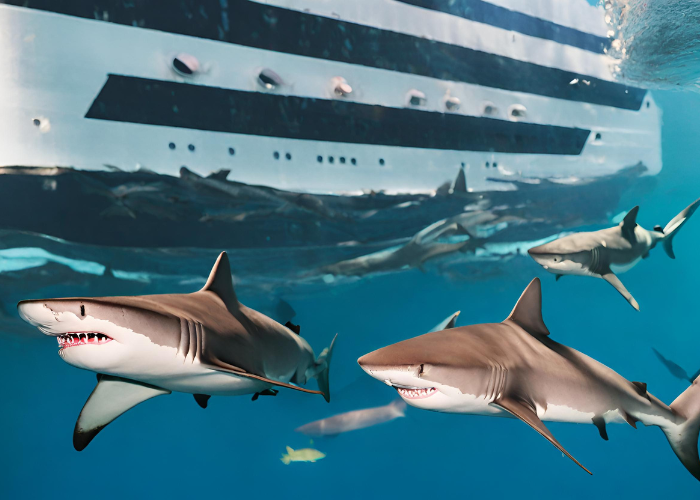 sharks swimming under a crusie ship