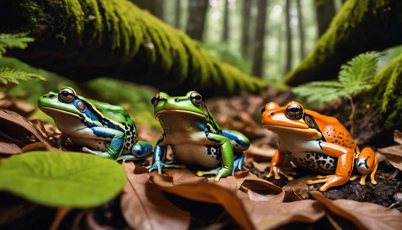A family of colorful frogs blending into the lush forest.