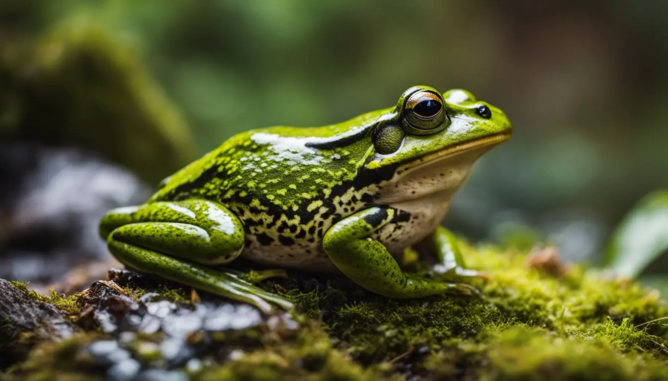 A frog perched on a moss-covered rock in a peaceful forest.