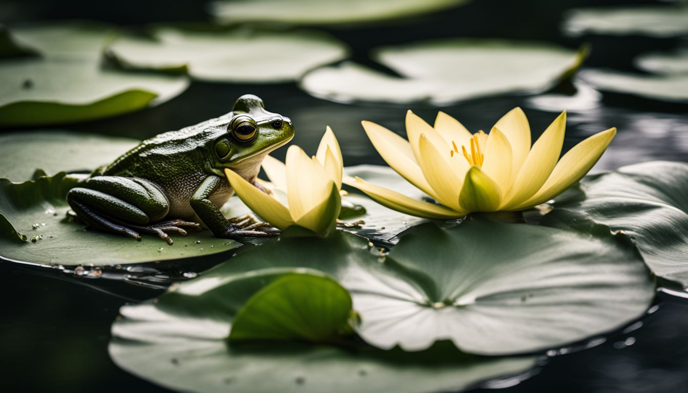 A mystical frog sitting on a lily pad in a serene pond.